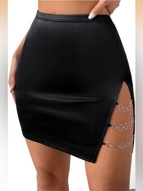 Women’s Black Satin Mini Skirt with Ring Accent Slit Hem High Waist Size L
